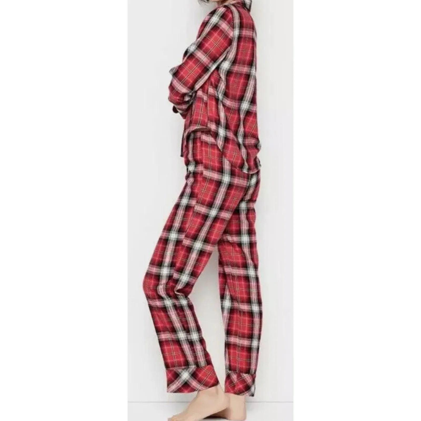 Victorias Secret Shimmer Cotton Flannel Pajama Set black pink plaid Size M - Image 3