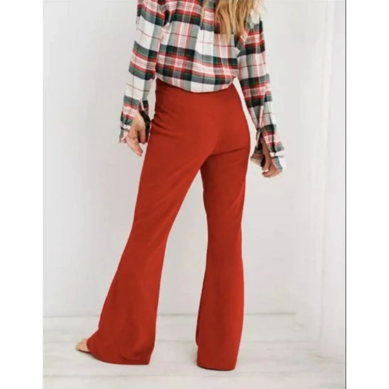 Aerie Groove On Sundried Rib Velour Flare Pintuck Lounge Retro Pants Sz XS Short Orange - Image 6