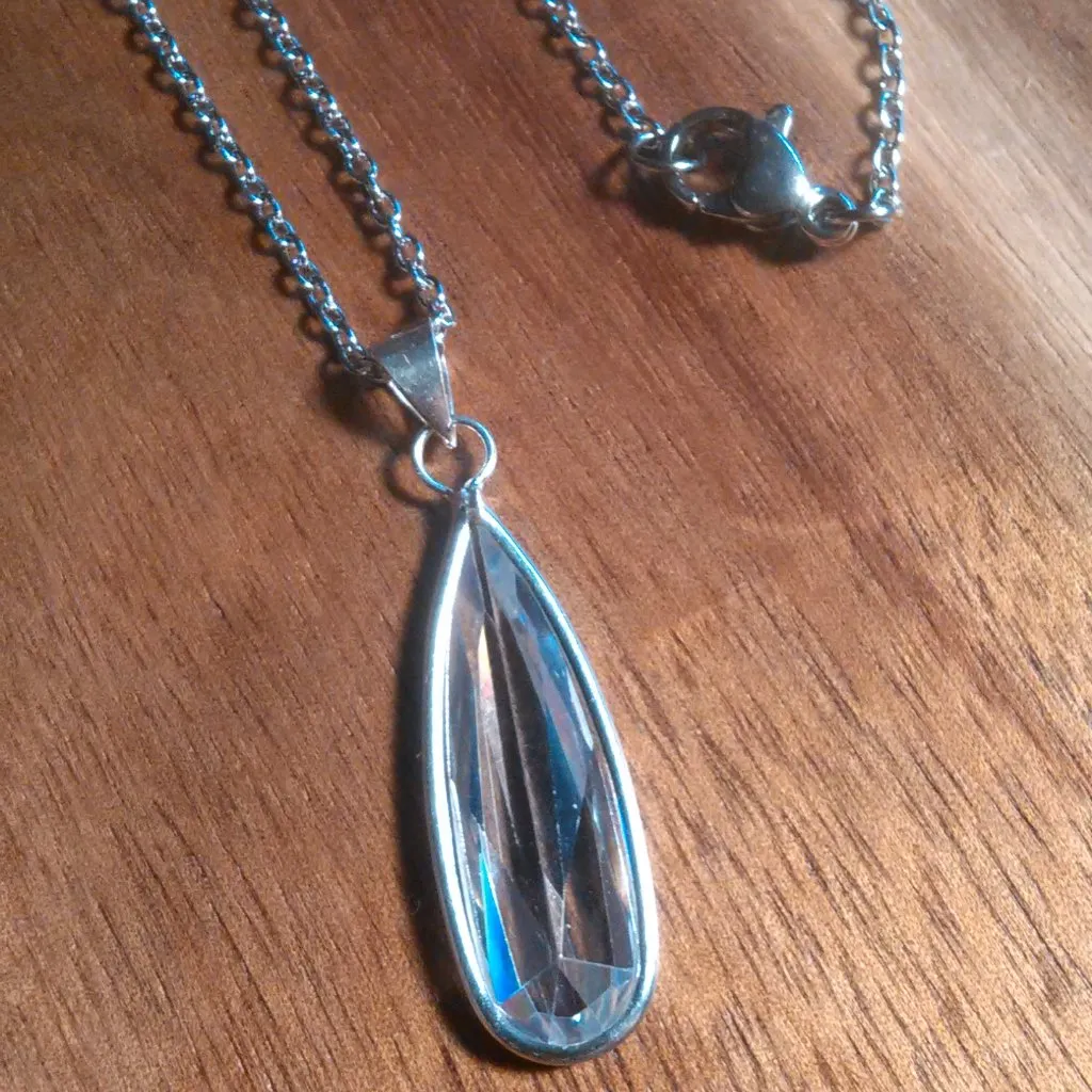 Simulated White Diamond Sterling Silver Pendant Stainless Steel Necklace - Image 4