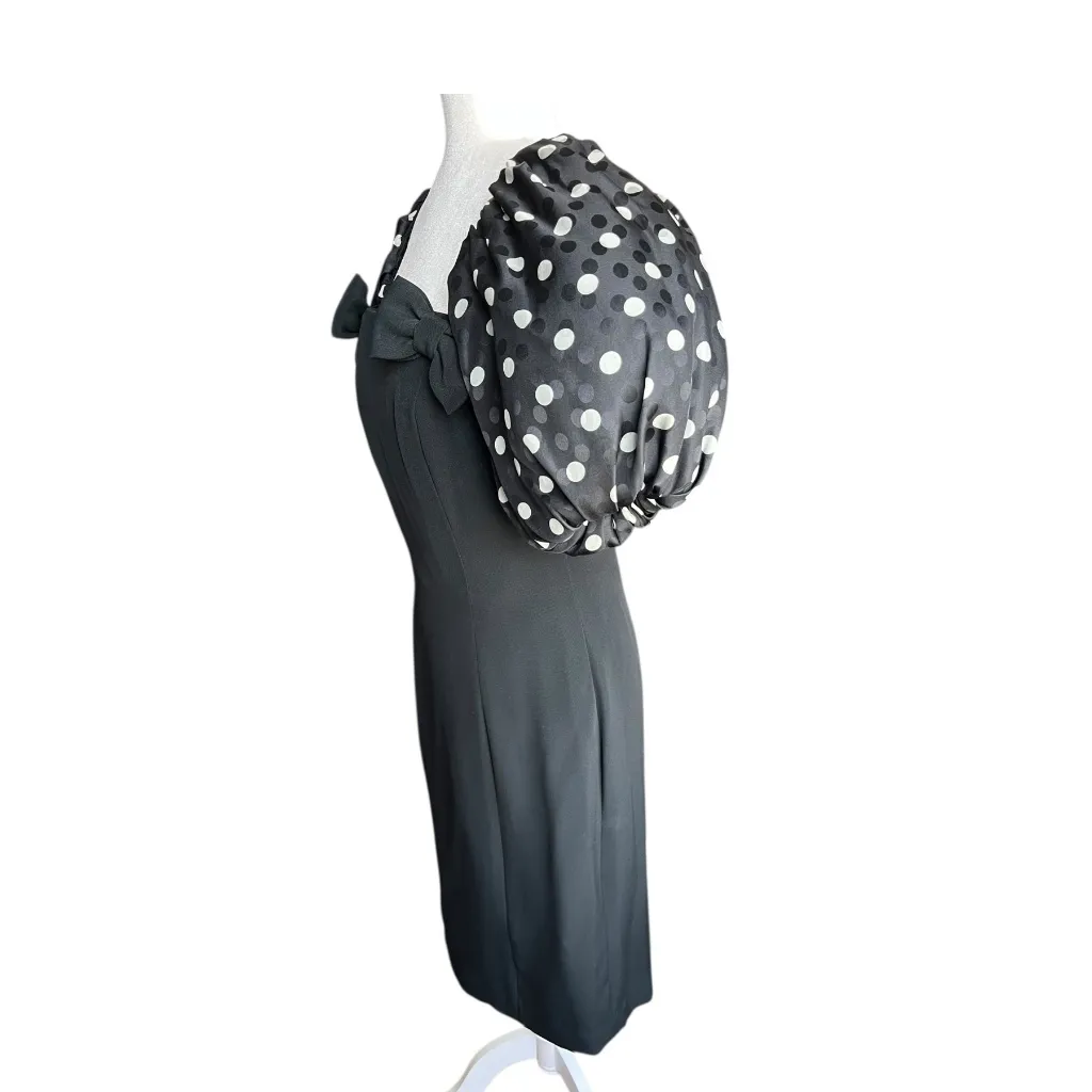 Vintage Nipon Night Dress | 80s Polka Dot Puff Sleeve Cocktail Dress | Size 8 Black - Image 4