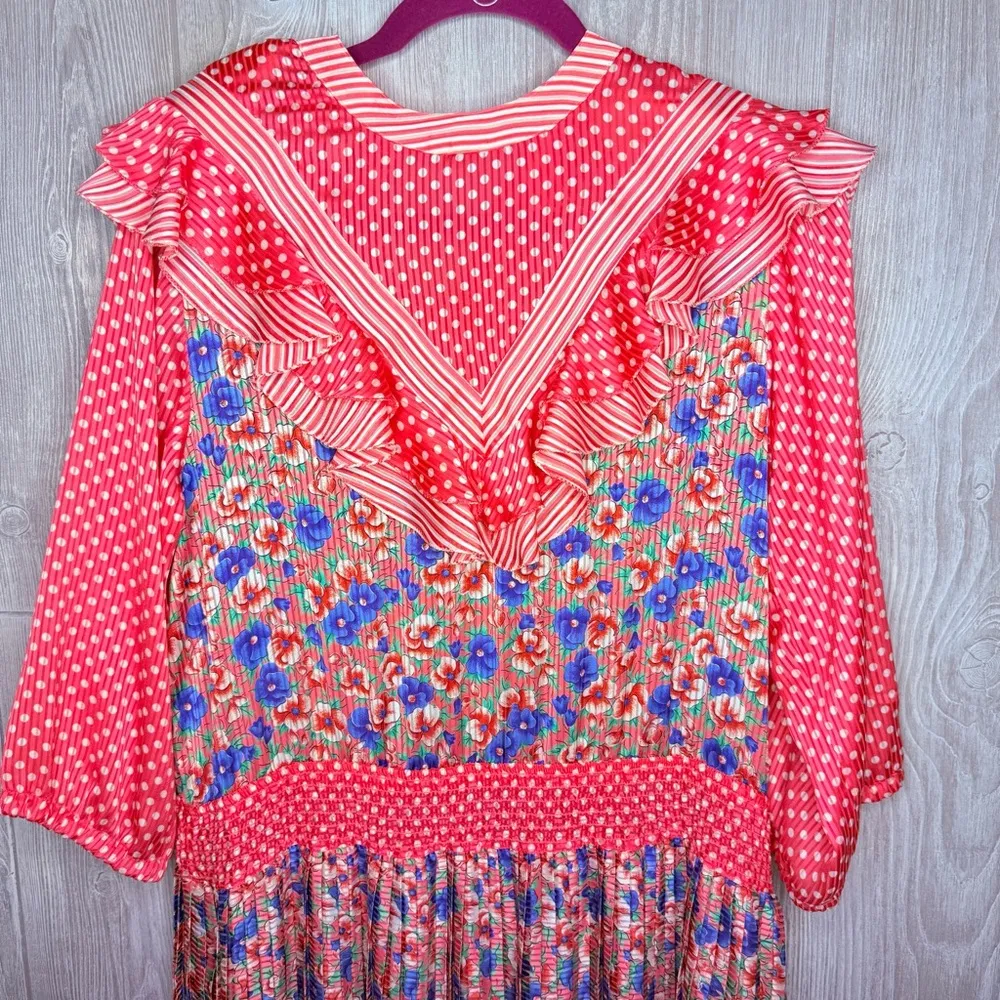 Vintage Diane freis silky ruffle pleated maxi dress floral with long sleeve lg Red - Image 7