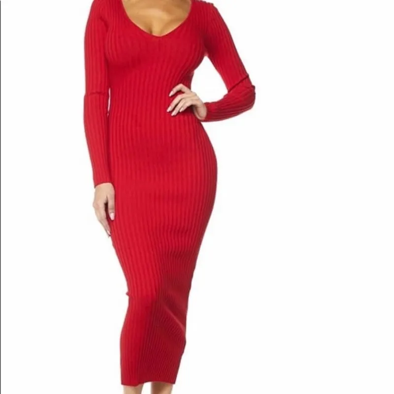 Hera Collection Red Scoop Neck Long Sleeve Ribbed Knit Midi Dress Women's Large - Image 2