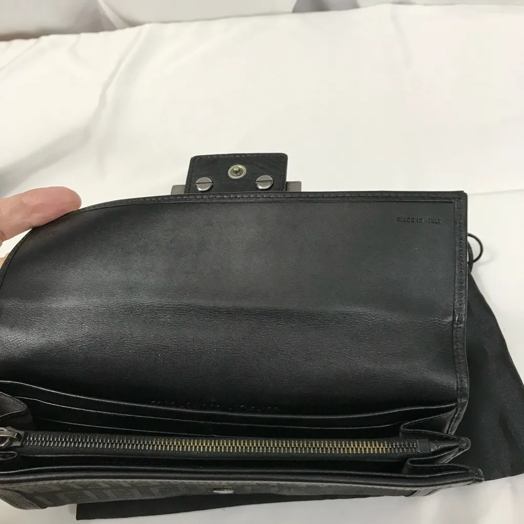 Fendi Zucchino Vintage Black Logo Flap Wallet Clutch with Silver Buckle EUC - Image 6