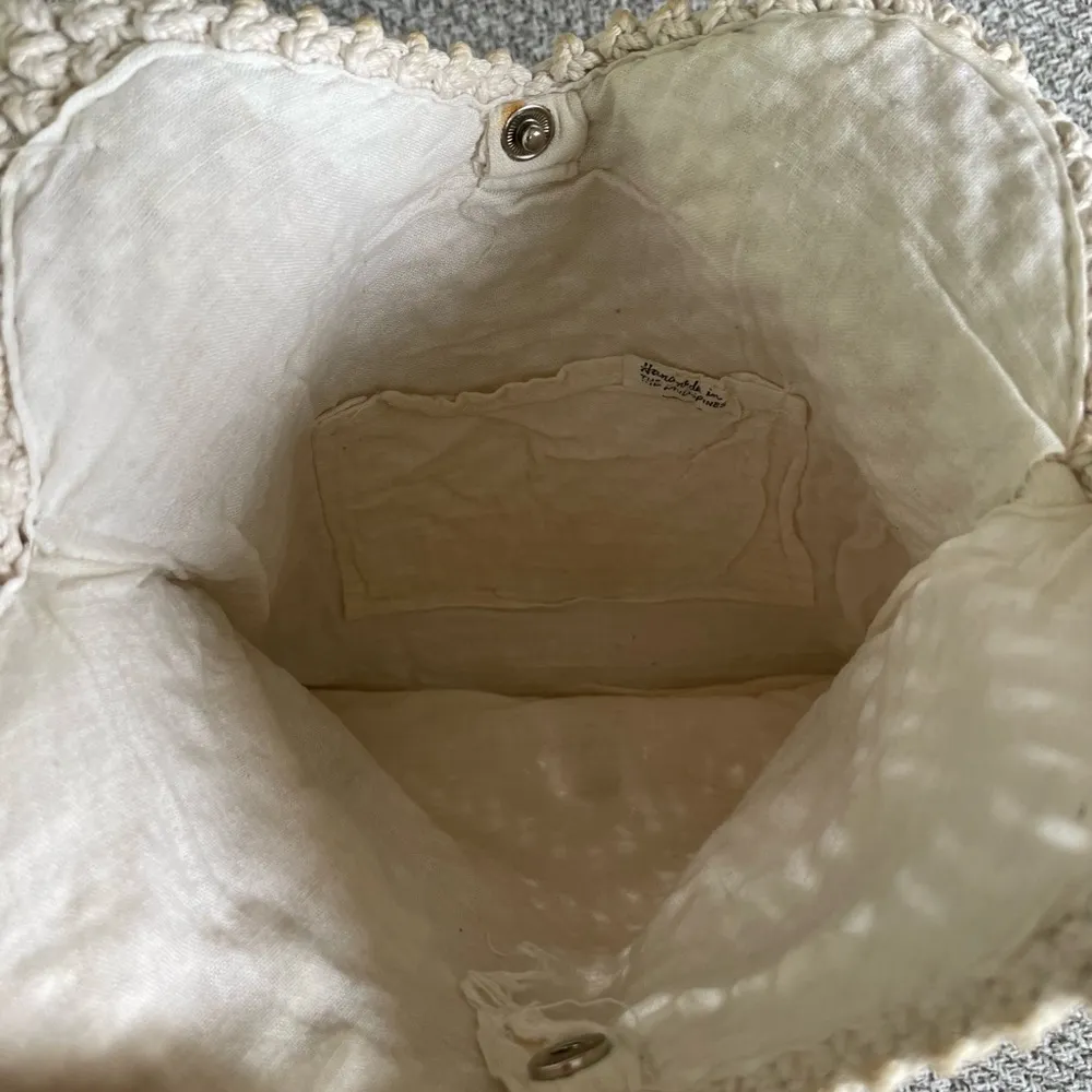 Vintage Ivory Crochet Wood Bead Detail Woven Cotton Lined Satchel Purse Handmade Tan - Image 6