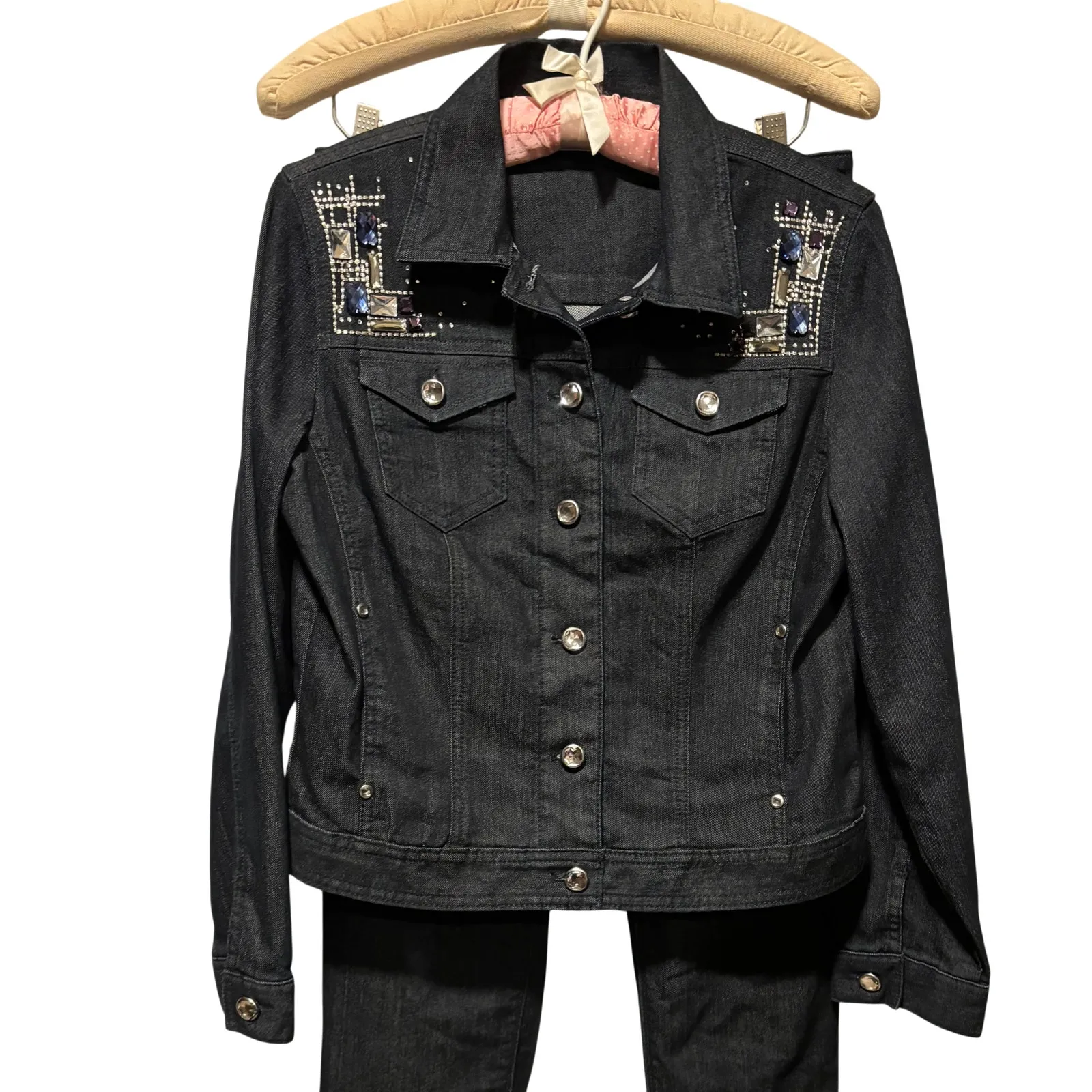 Chicos Platinum Dark Wash Denim Jean Embellished Jacket Pant Lot 2 XS/S - Image 4