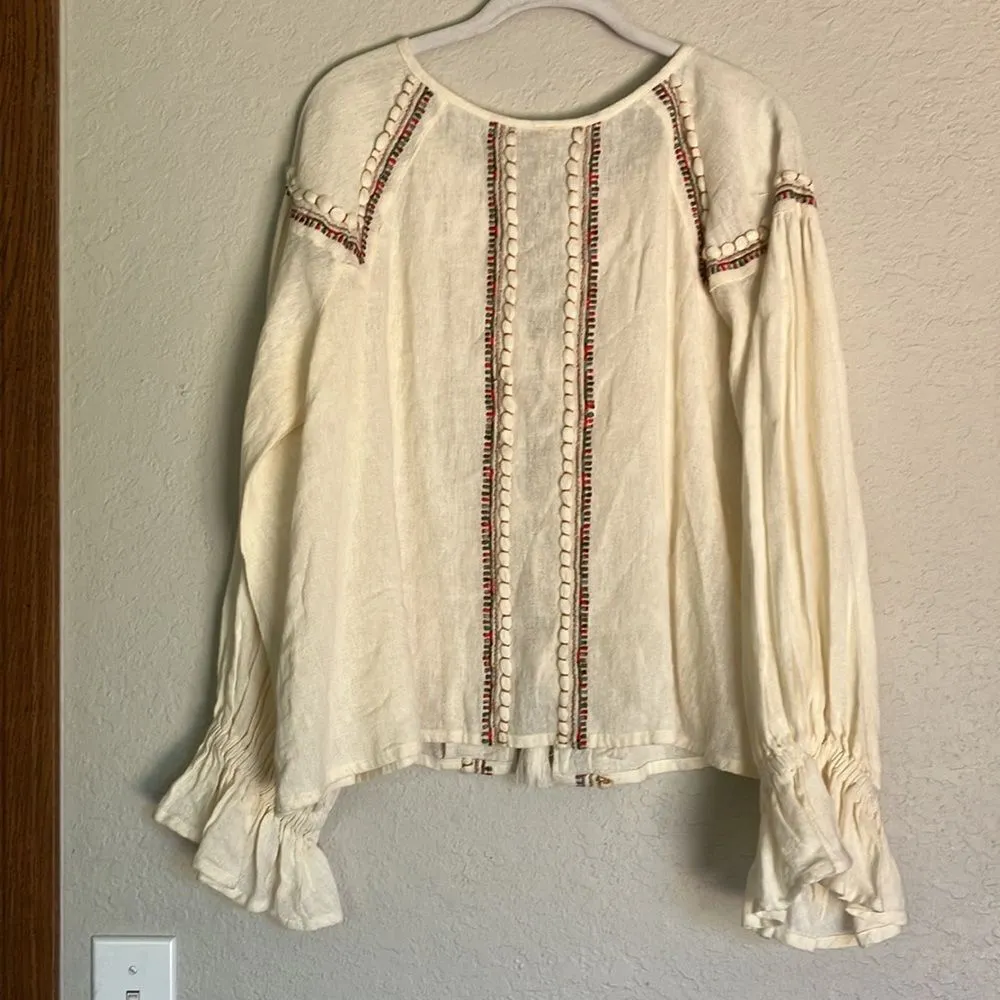 RAGA Lyra Cream Open Tassle Tie Front Ling Sleeve Embroidered Size Small - Image 9