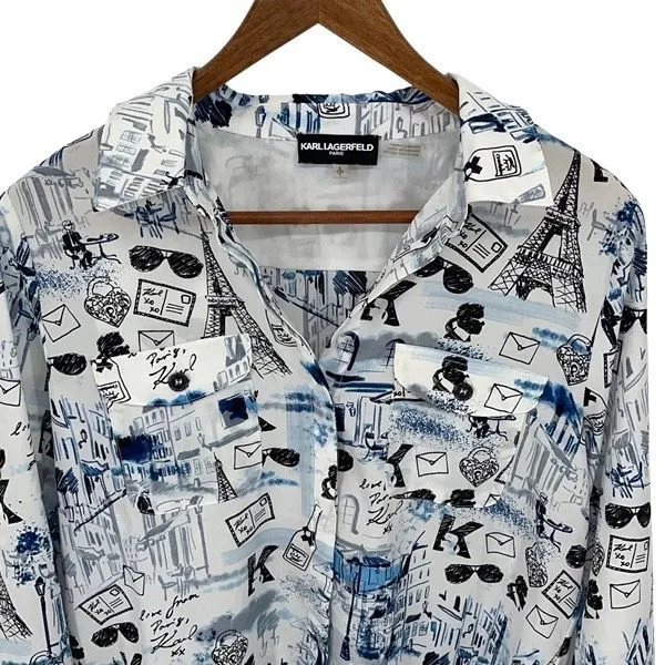 KARL LAGERFELD PARIS Printed Long‎ Roll-Tab Sleeve Collared Button Up Top Small - Image 4