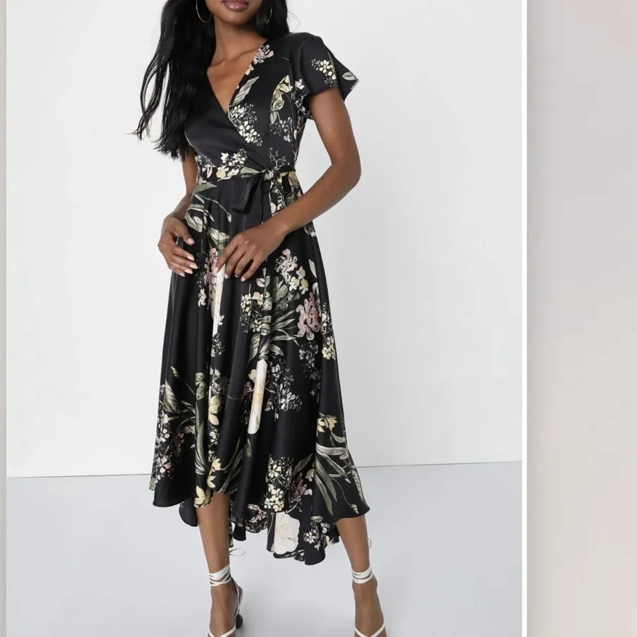Lulus Delightful Dreaming Black Floral Satin Faux-Wrap High Low Dress Size LARGE - Image 3
