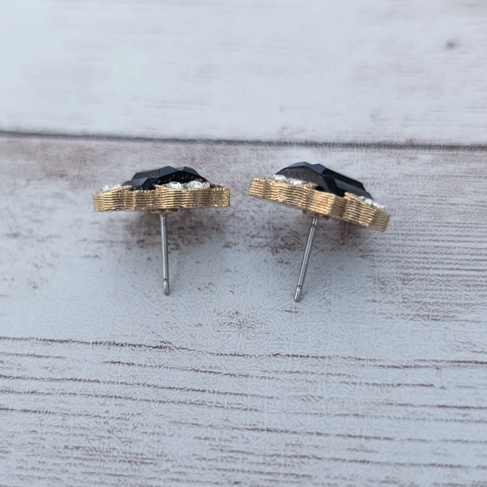 Vintage Earrings for Pierced Ears Dainty Black, Clear Gem, Gold Tone Black - Image 4