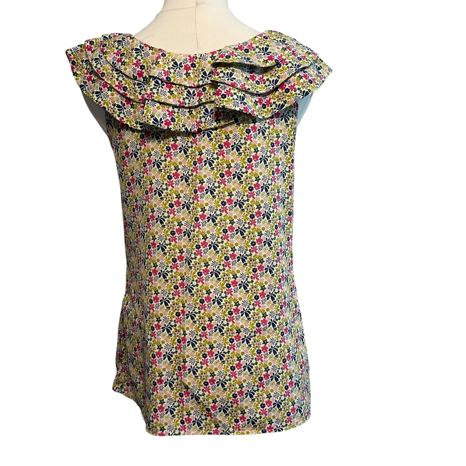 Liberty of London Floral Ruffle Sleeveless Blouse Women Sm Coquette Boho Beach Green - Image 2