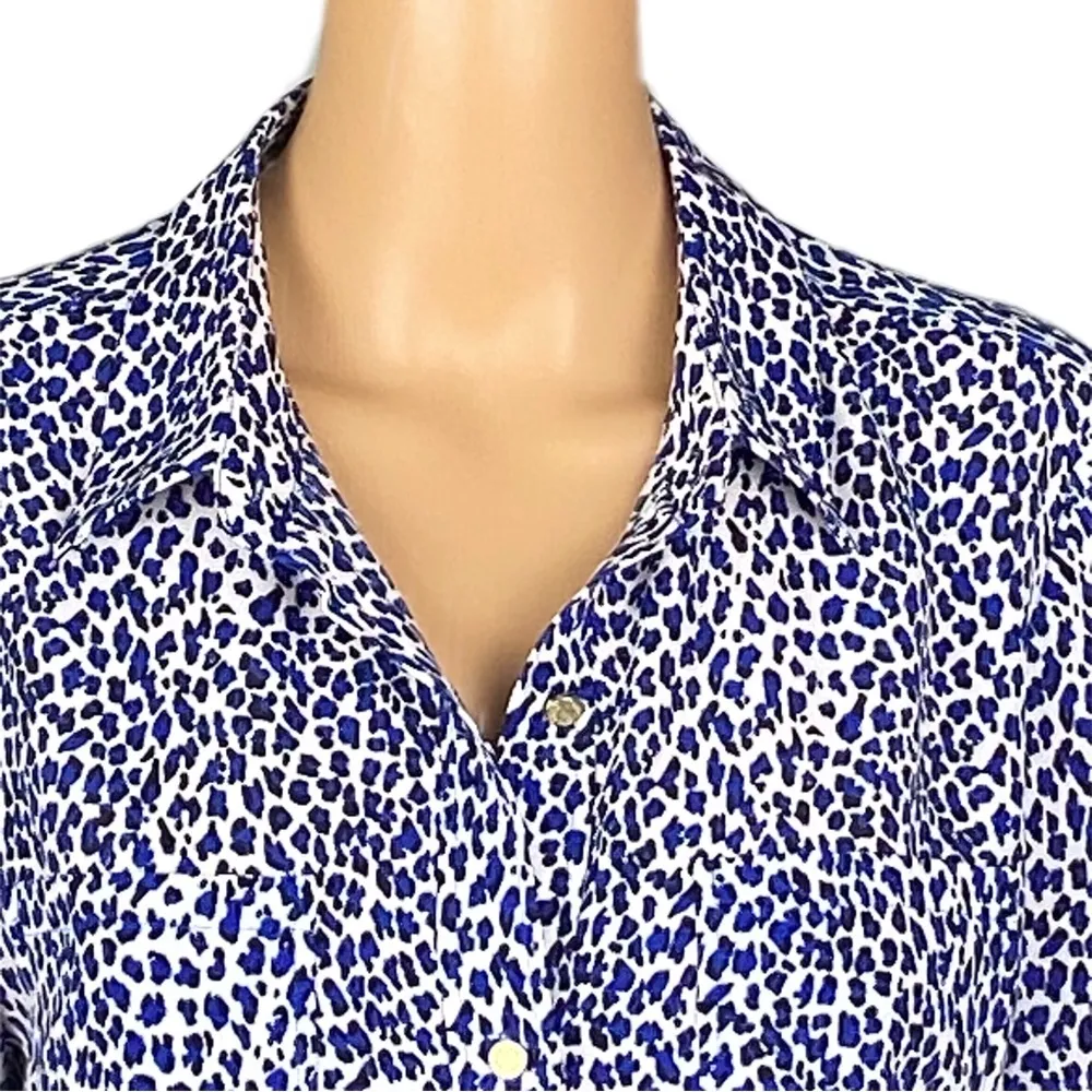 JUICY COUTURE blue, black & white leopard print, button-down blouse. Medium. EUC - Image 2