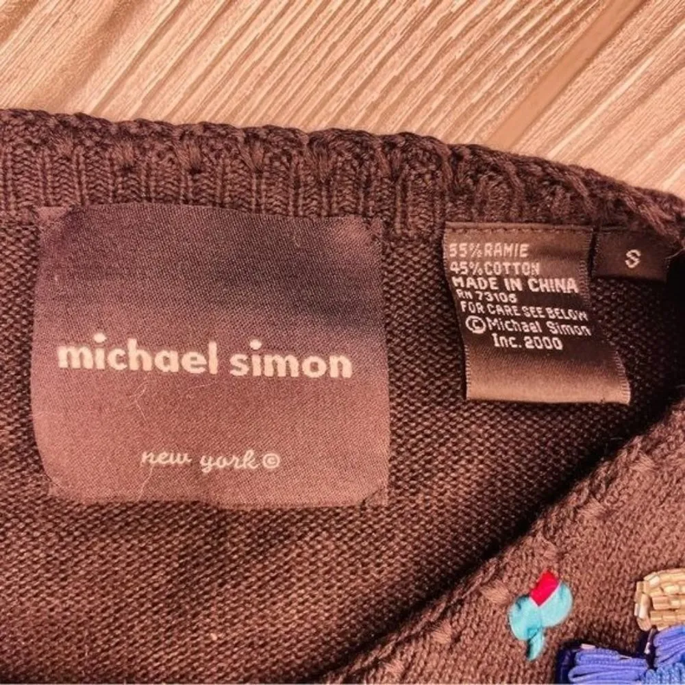 Michael Simon beaded lace ribbon perfume cropped long sleeve funky sweater sz s Blue - Image 5