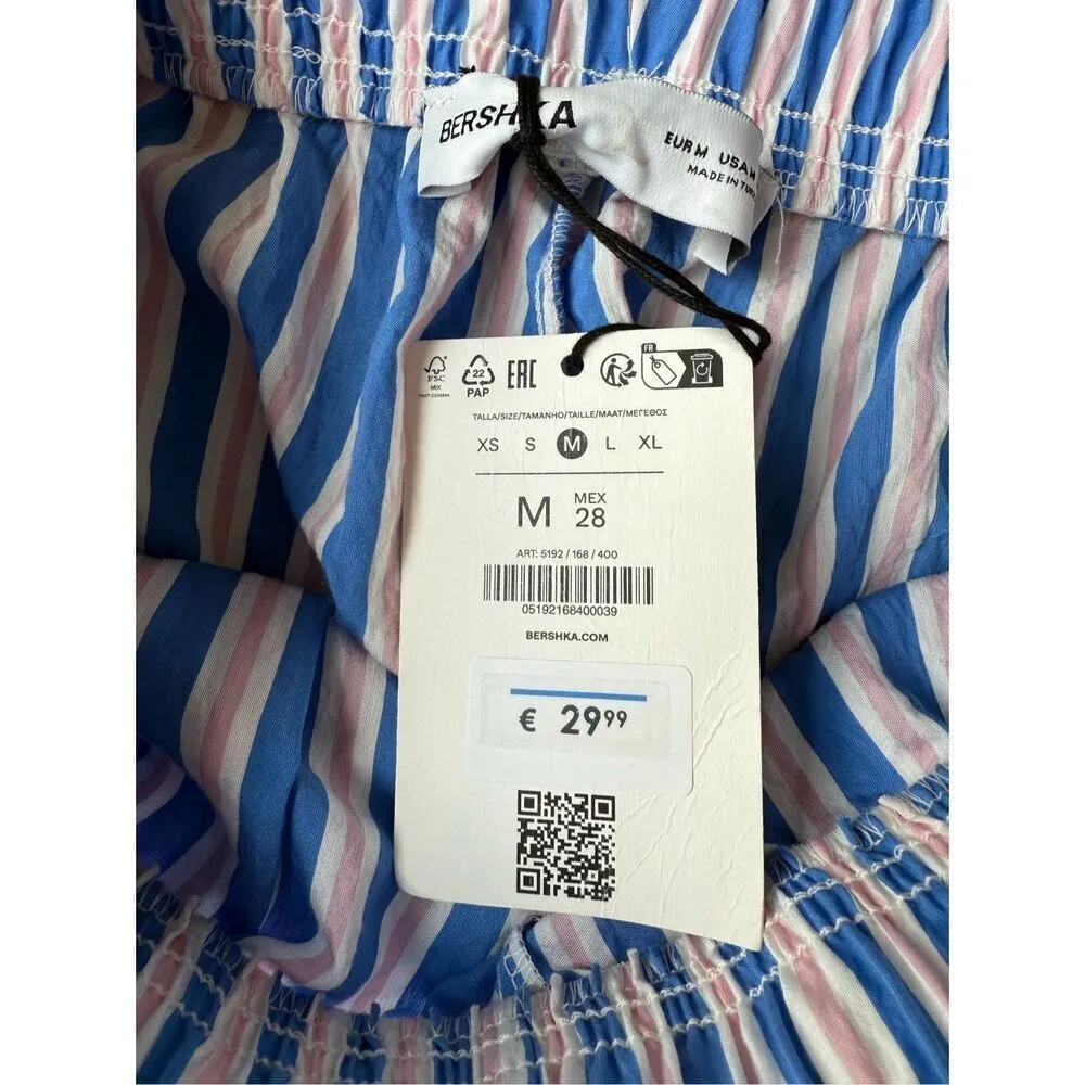 Bershka tie waist wide leg linen look trousers in blue & pink stripe Size M - Image 7