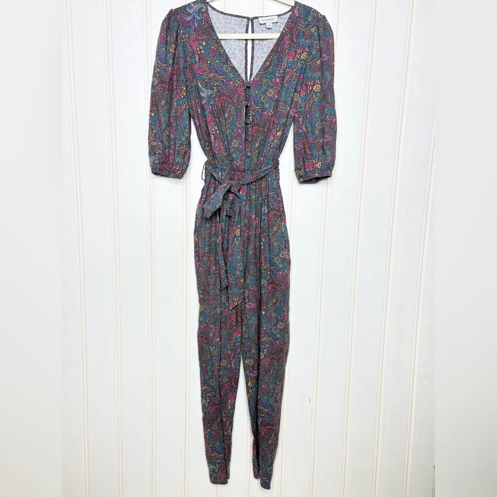 EVEREVE Floral Ember Jumpsuit Size XS Puff Sleeve Belt Cropped Purple Teal 625 - Image 11