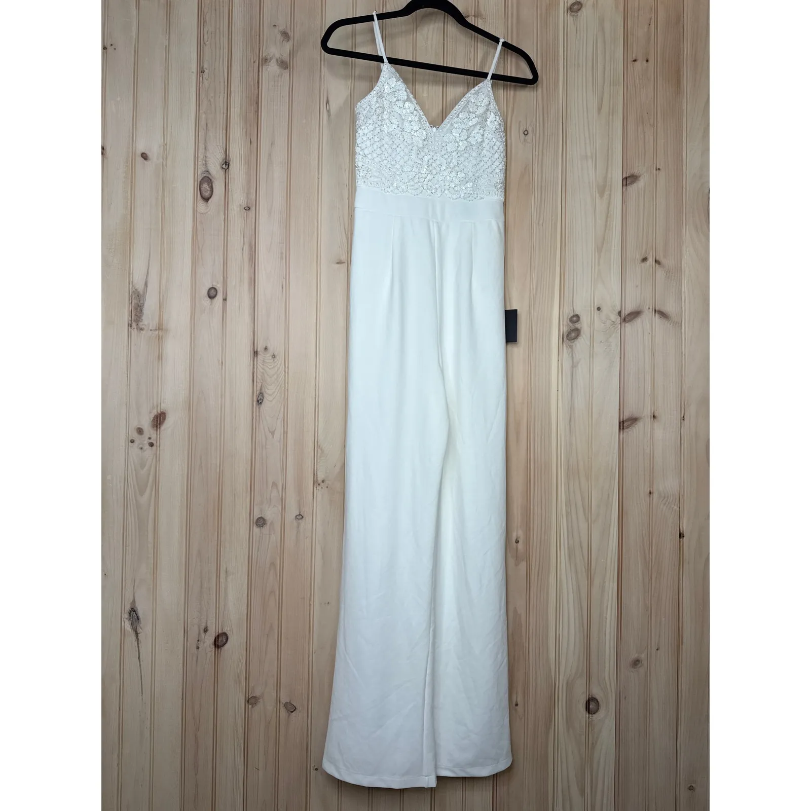 NWT Lulus Memorable Occasion White Beaded Sequin Wide-Leg Jumpsuit Glam Bling S - Image 3