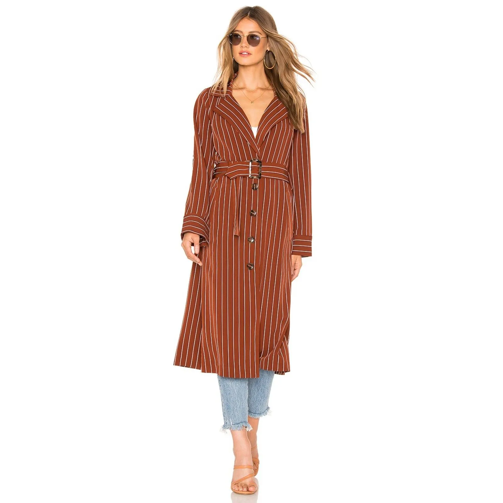 Privacy Please Cassidy Belted Midi Trench in Brown & Tan Stripe size Small - Image 2