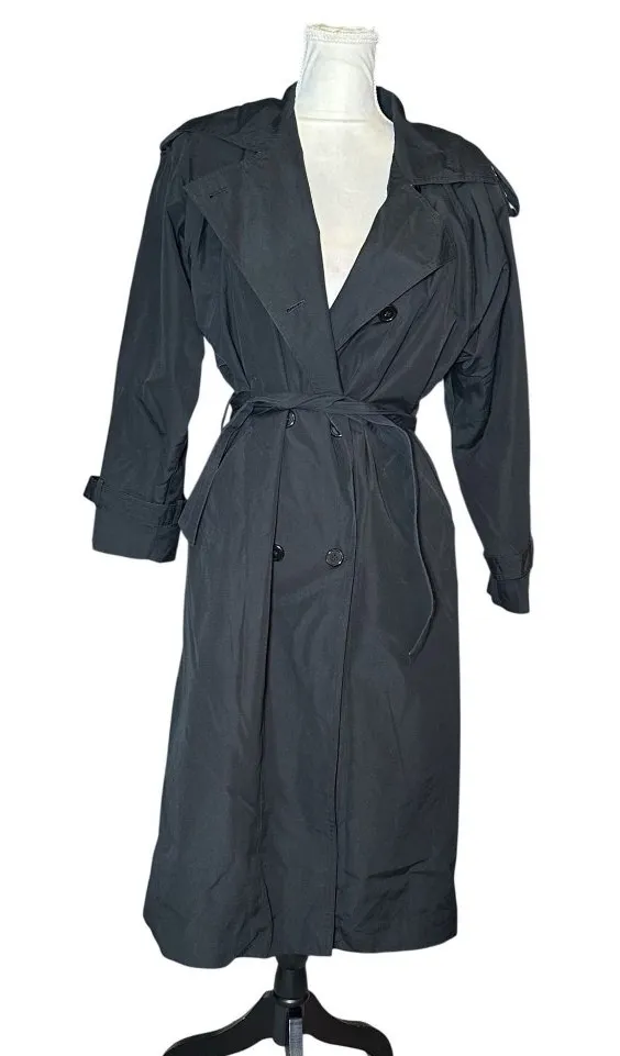 J Gallery Women’s Black Trench Coat Medium Long Belted Double Breasted Classic 7 - Image 1