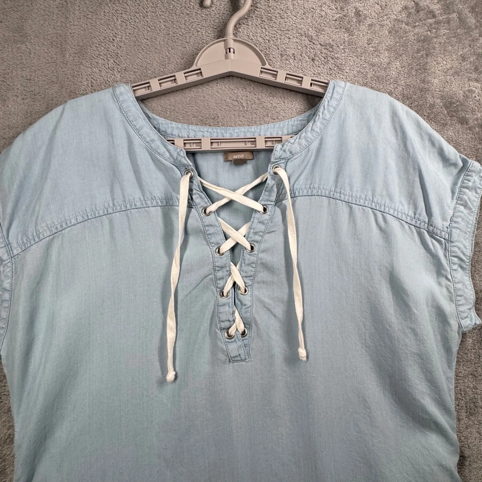 Aerie M Lyocell Chambray Lace Up Tunic Dress Light Blue Boho Shirtdress - Image 4
