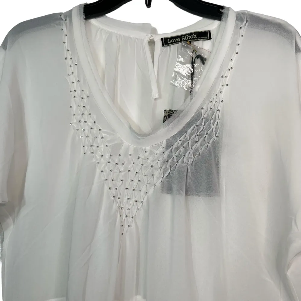 Love Stitch White Sheer Sequin Trim Tunic V Neckline Front Tie NWT S - Image 2