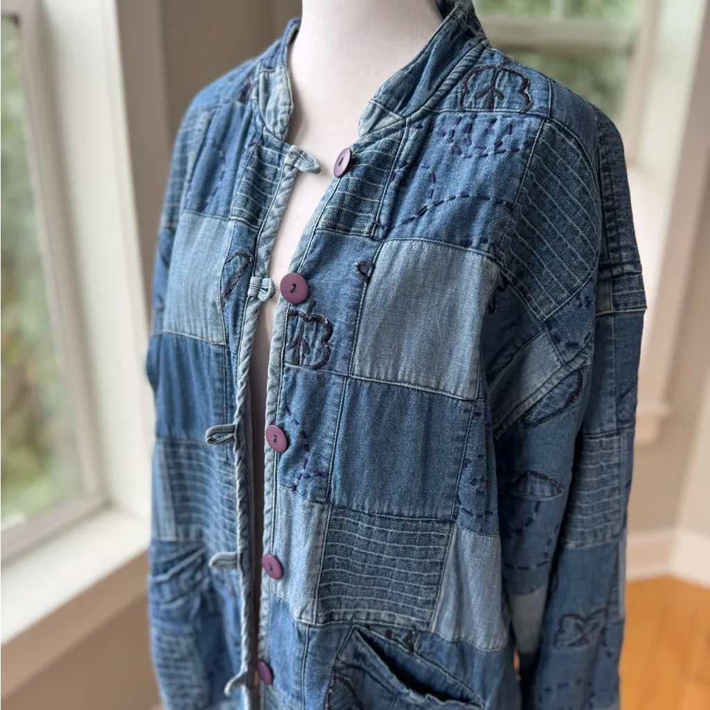 Vintage 90s Cherokee Denim Patchwork Chambray Lined Cotton Jacket Size Large Blue - Image 2