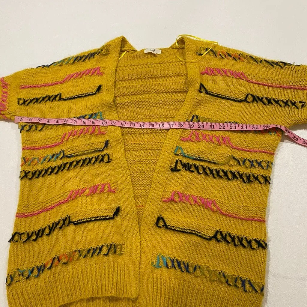 Easel Los Angeles Mustard Yellow Chunky Knit Cardigan Boho Embroidered Size S - Image 5