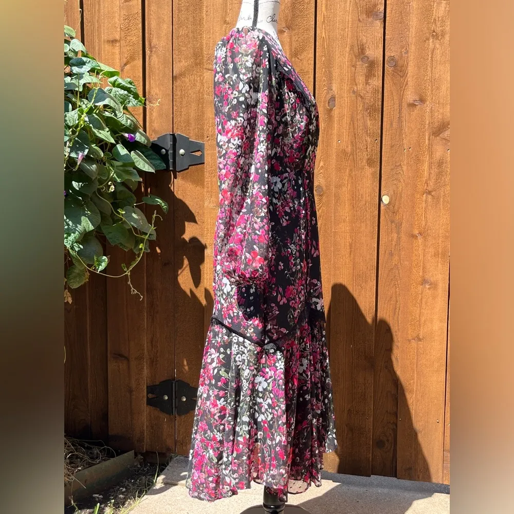 Danny and Nicole Black Floral Long Sleeve Midi Dress Berry Size 4 NWT - Image 3