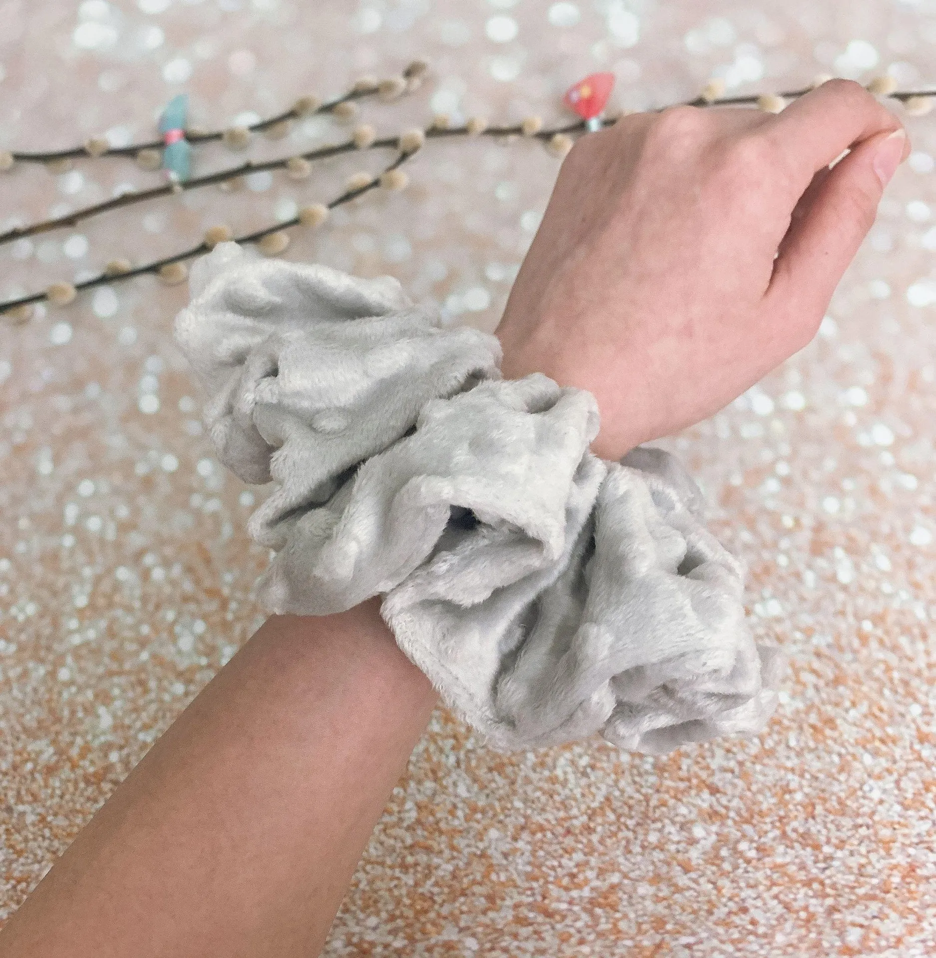 Jumbo Scrunchie Soft Gray Minky Dimple Dots Scrunchie - Image 4