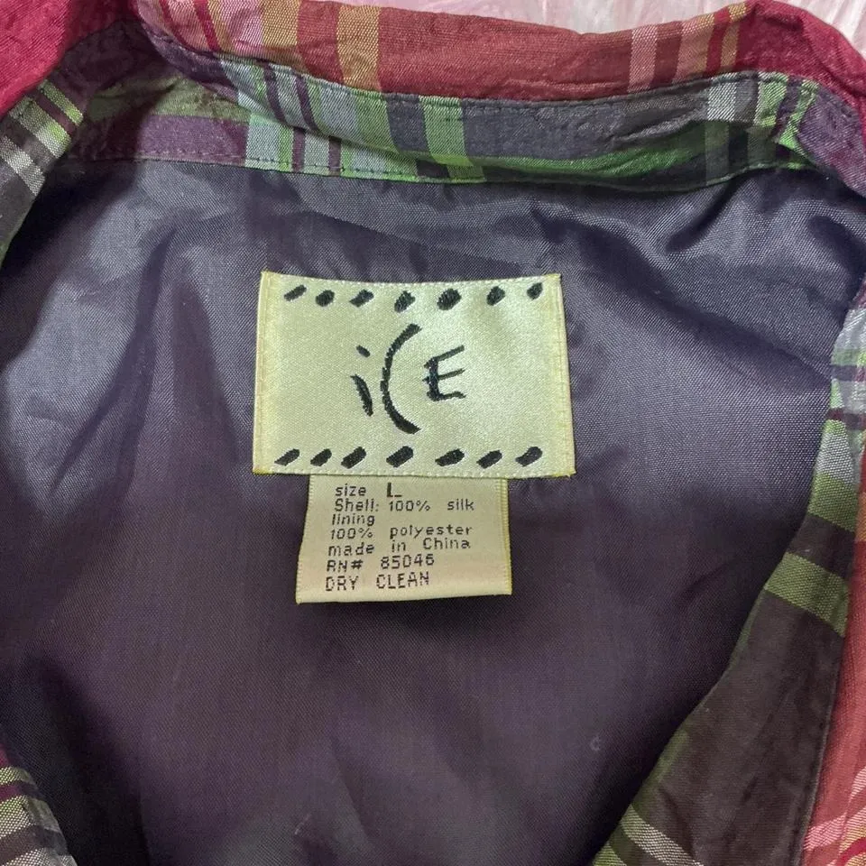 Silk Plaid Sleeveless‎ Blouse Top Button Down Collared Shirt i(E) L Size L - Image 3