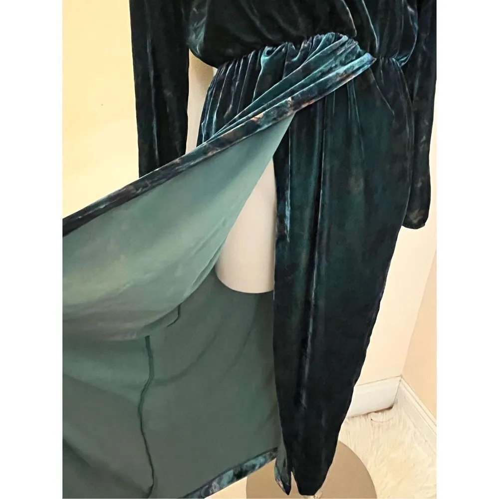 ZARA Trafaluc Forest Green Teal One Shoulder Velvet Faux Wrap Midi Dress M - Image 5