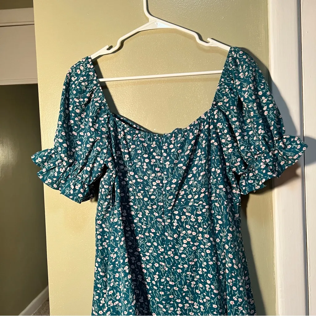 Off Shoulder Mini Dress Green Ditsy Floral Sweetheart Neck Size M - Image 10