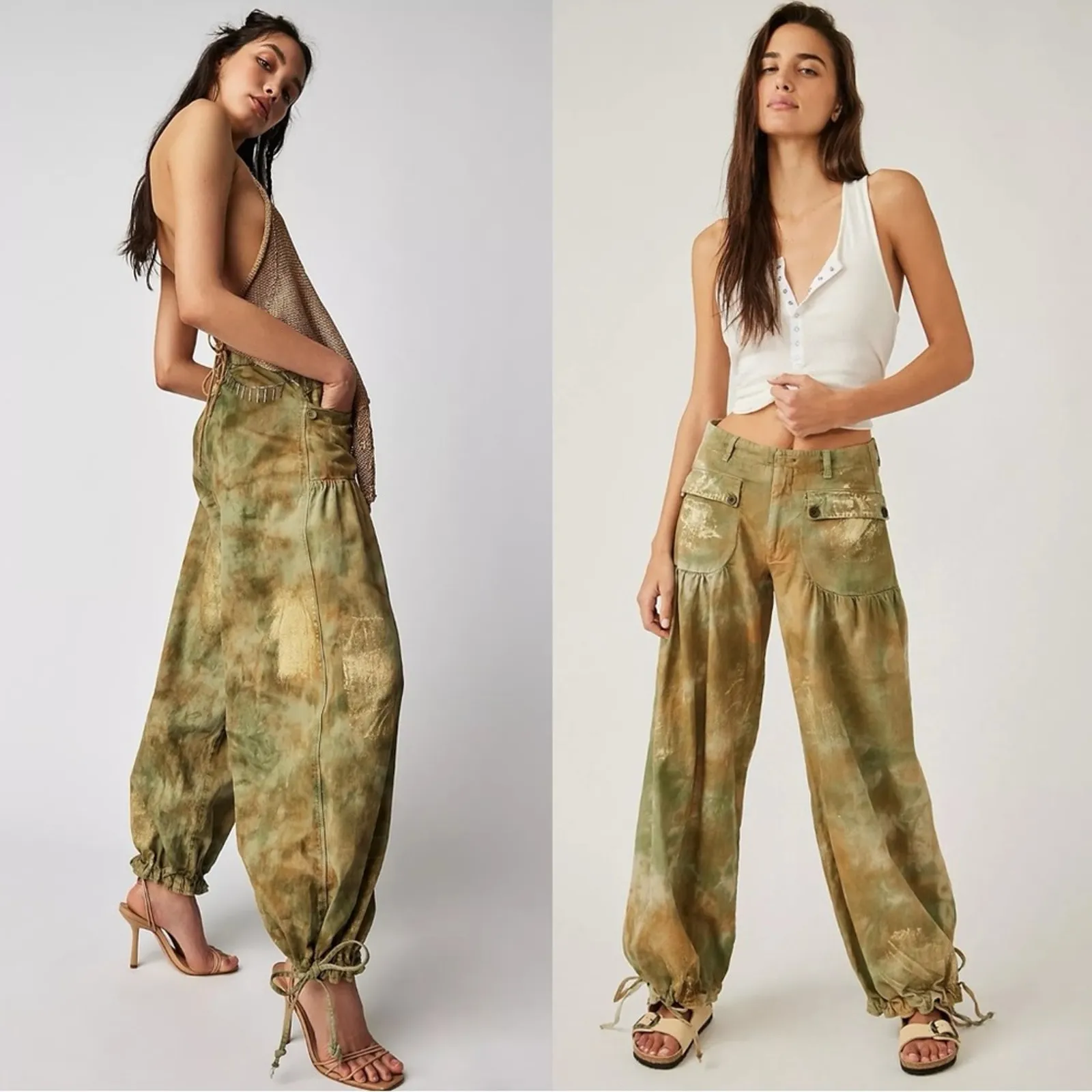 Free People Retro 70s Bohemian Wide Leg Lotus Tie-Dye Jeans Army Neutral Size 31 - Image 8