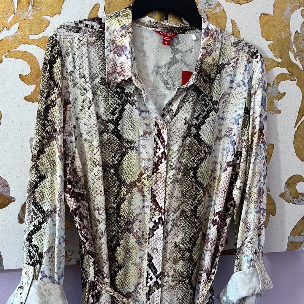 Guess Size XL New with Tags Glam Snake Print Misti Printed Dress with Chain Belt - Image 9