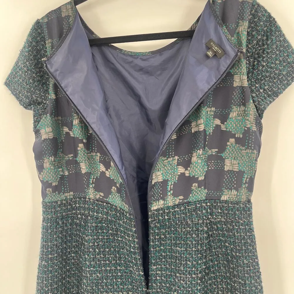 TALBOTS Tweed Dress Sz 16P Blue Green Dark Academia Mixed Media Metallic Preppy - Image 8