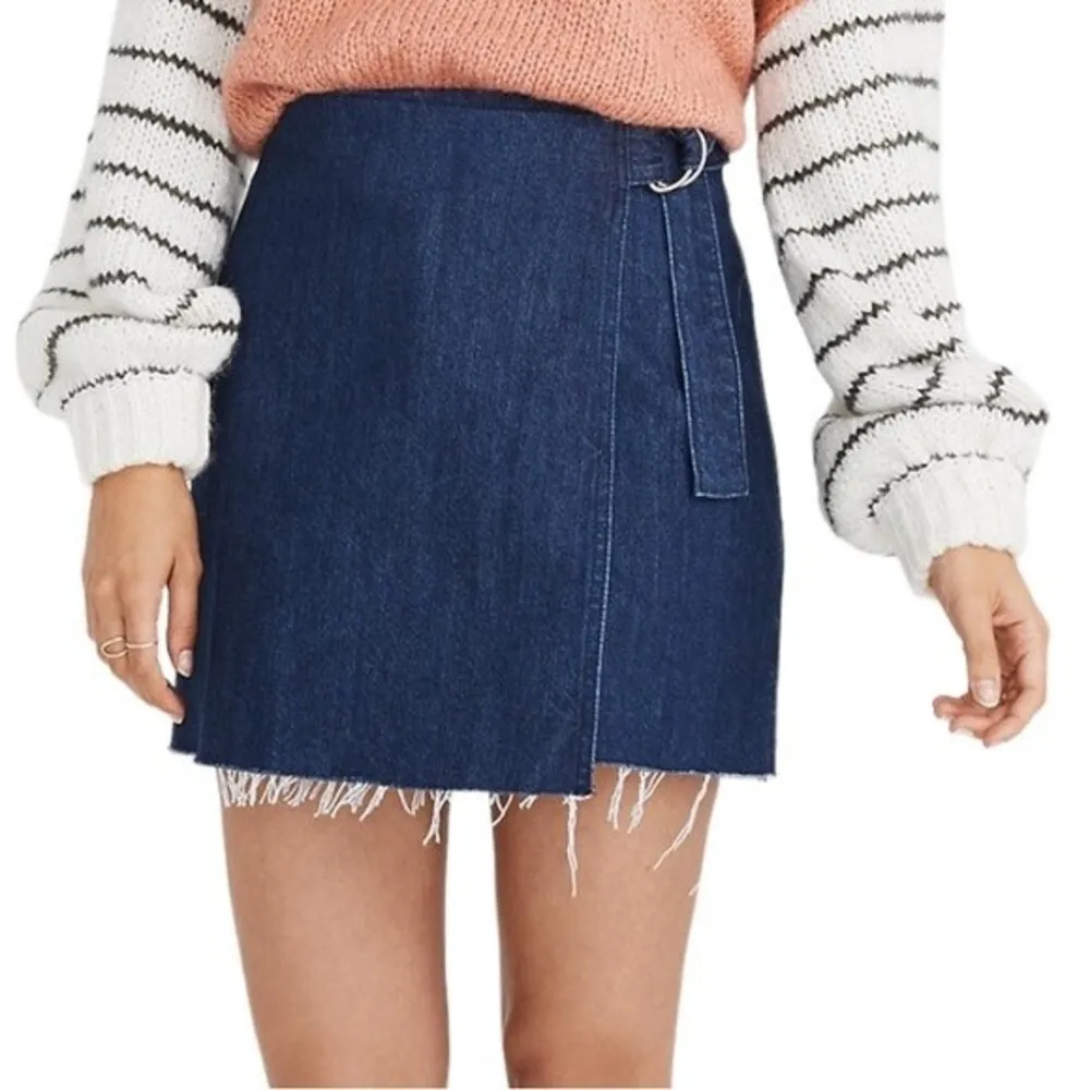 Madewell Denim Raw-Hem Dark Wash Belted Mini Wrap Jean Skirt Women’s Size 6 - Image 3
