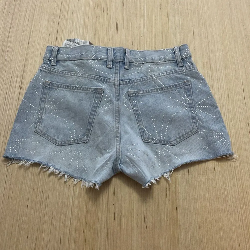 Zara Women’s Light Blue Button Fly Cut Off Raw Hem Shorts Rhinestone Size 2 New - Image 4