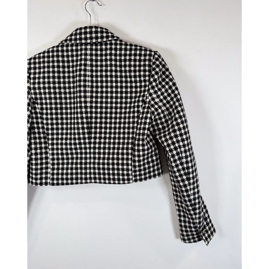 ZARA Womens Blazer Black Double Breasted Plaid Cropped Tweed Jacket Notched XS - Image 7
