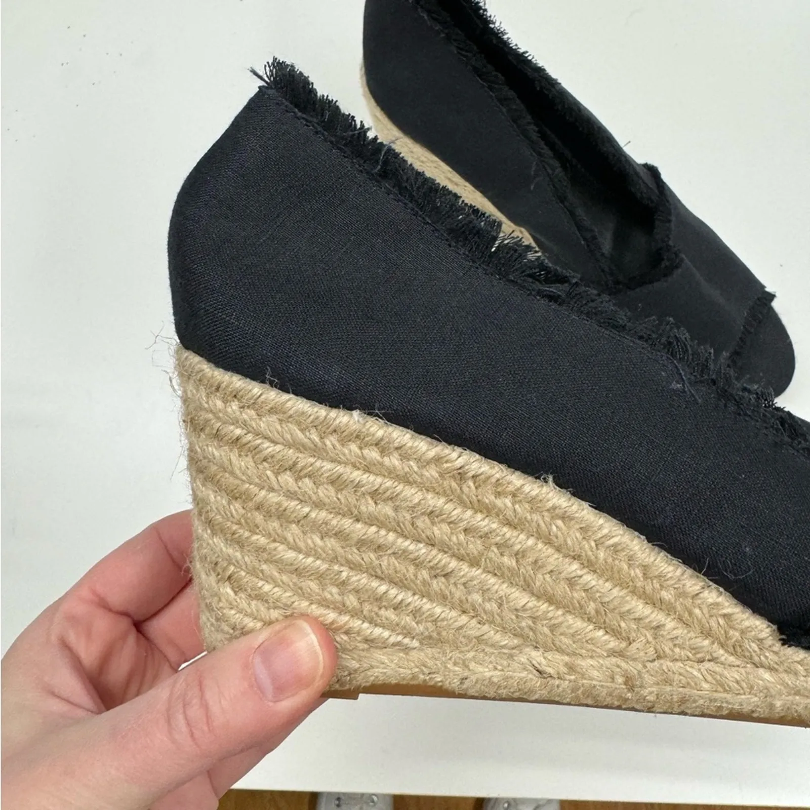 Lauren Ralf Lauren Black Linen Fringe Espadrille Wedge Sandals Womens 8.5 - Image 2