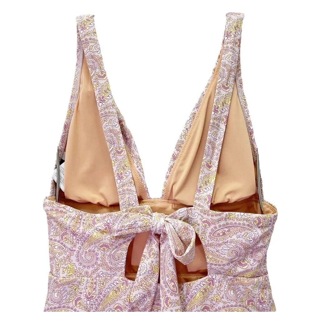 J. Crew Eco Plunge V-Neck One Piece Swimsuit Pink Beach Paisley Size 6 Tie Back - Image 7