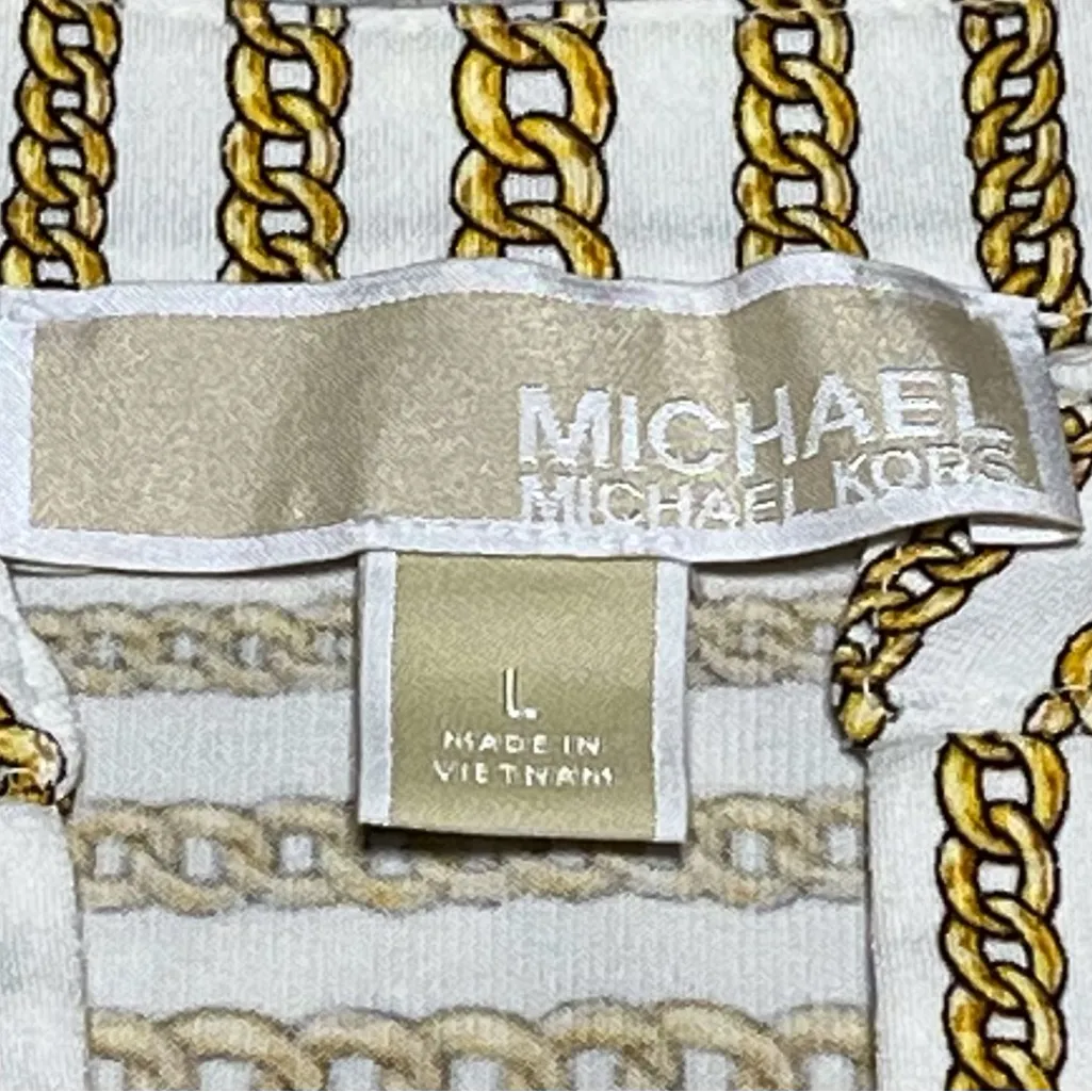 Michael Kors Zip Front Bone/Gold Long Sleeve Chain Logo Top Size Large Gold - Image 3