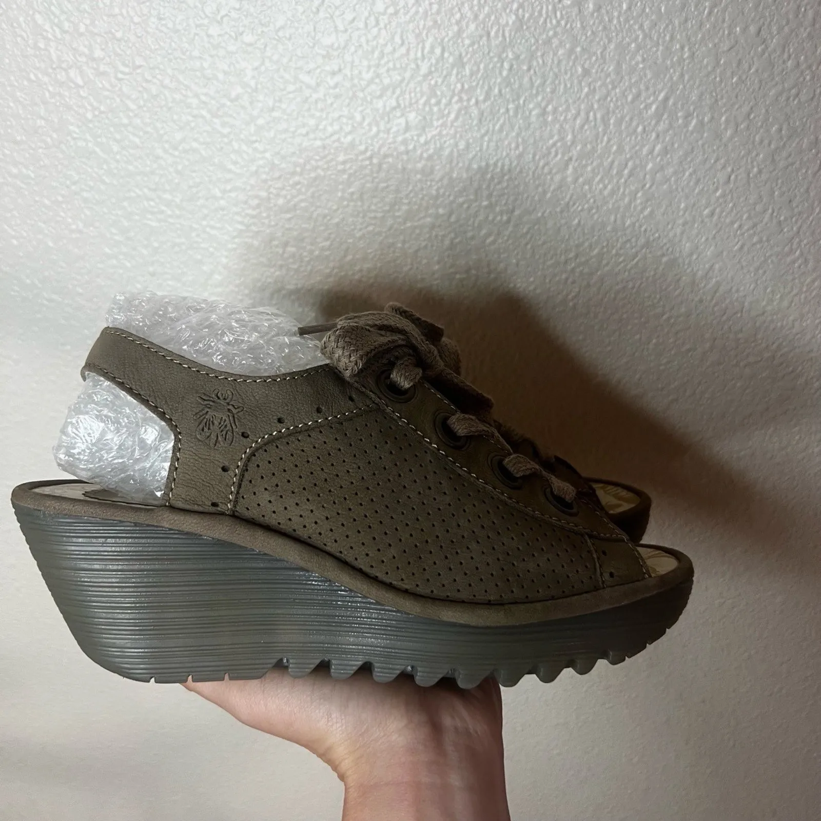 Fly London Yuta Wedge Sandals Taupe Perforated Lace-Up Open Toe 40 / US 9.5-10 - Image 3