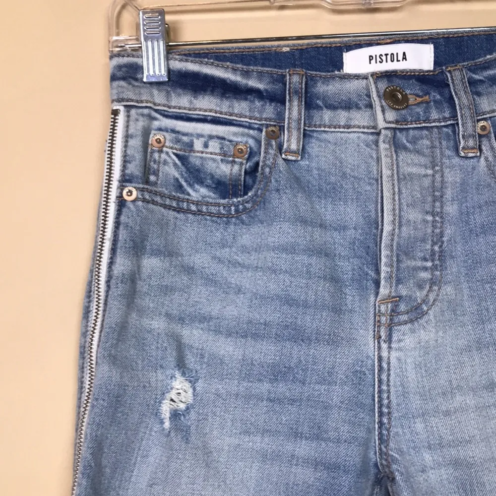 Pistola Women’s Distressed Zipper Sides Light Wash Button-Fly Ankle Denim Jeans - Image 5