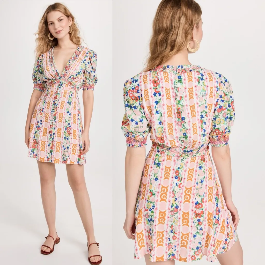 Saloni Lea Puff Sleeve Striped Floral Print Mini Dress Baby Pink Size US 4 - Image 3