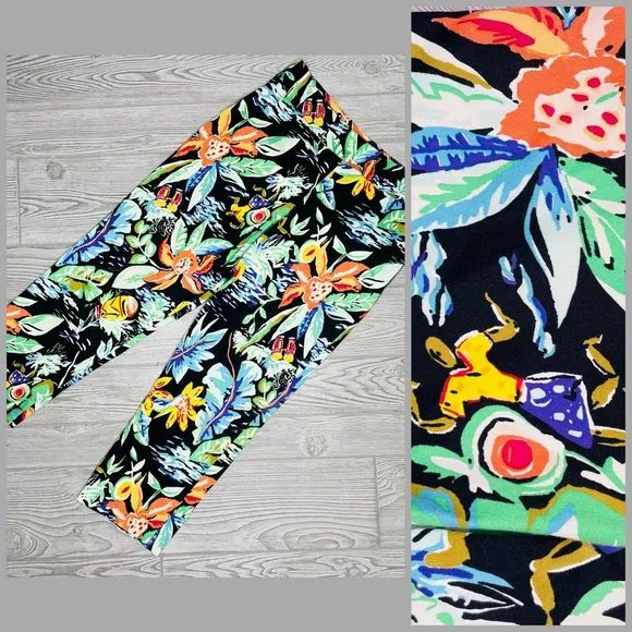 Vintage Finity Caribbean Tropical Hibiscus Floral Flower Print Capri Pants 4 Black - Image 2