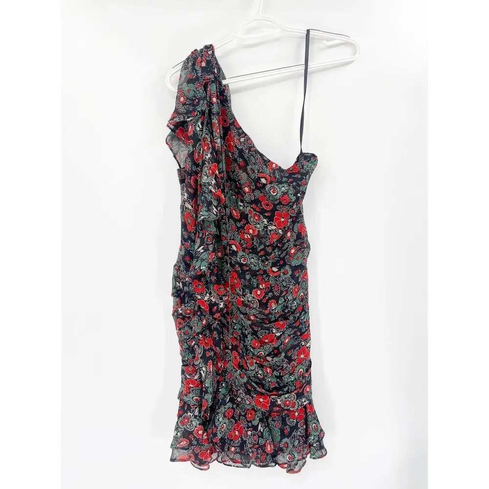 Veronica Beard Ballard Black Floral Print One Shoulder Silk Ruffled Dress 10 - Image 2