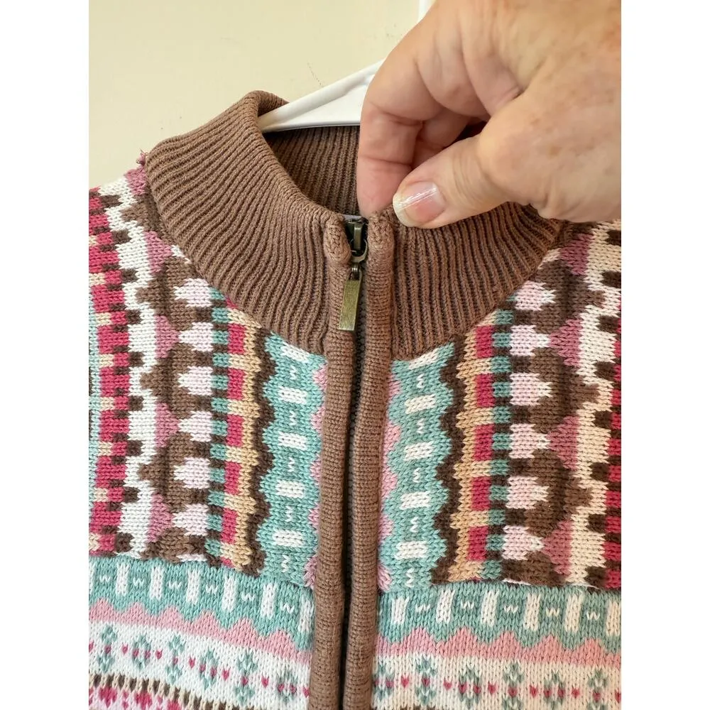 Alfred Dunner Sleeveless Full Zip Mock Neck Sweater Vest Fair Isle Brown Size PM - Image 3