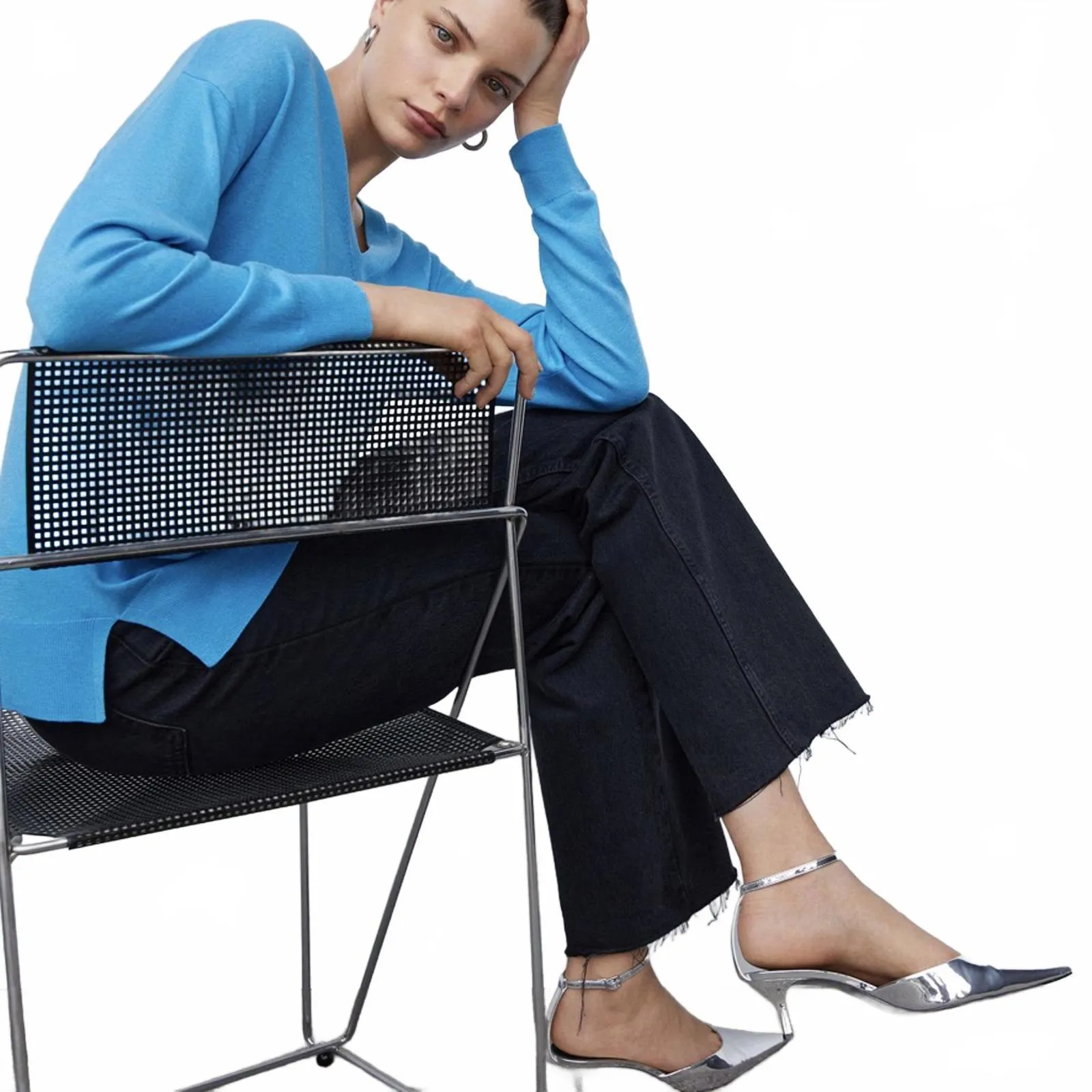 Mango V-Neck Pullover with Slits Lombia Jersey Blue NWT Size XS - Image 7