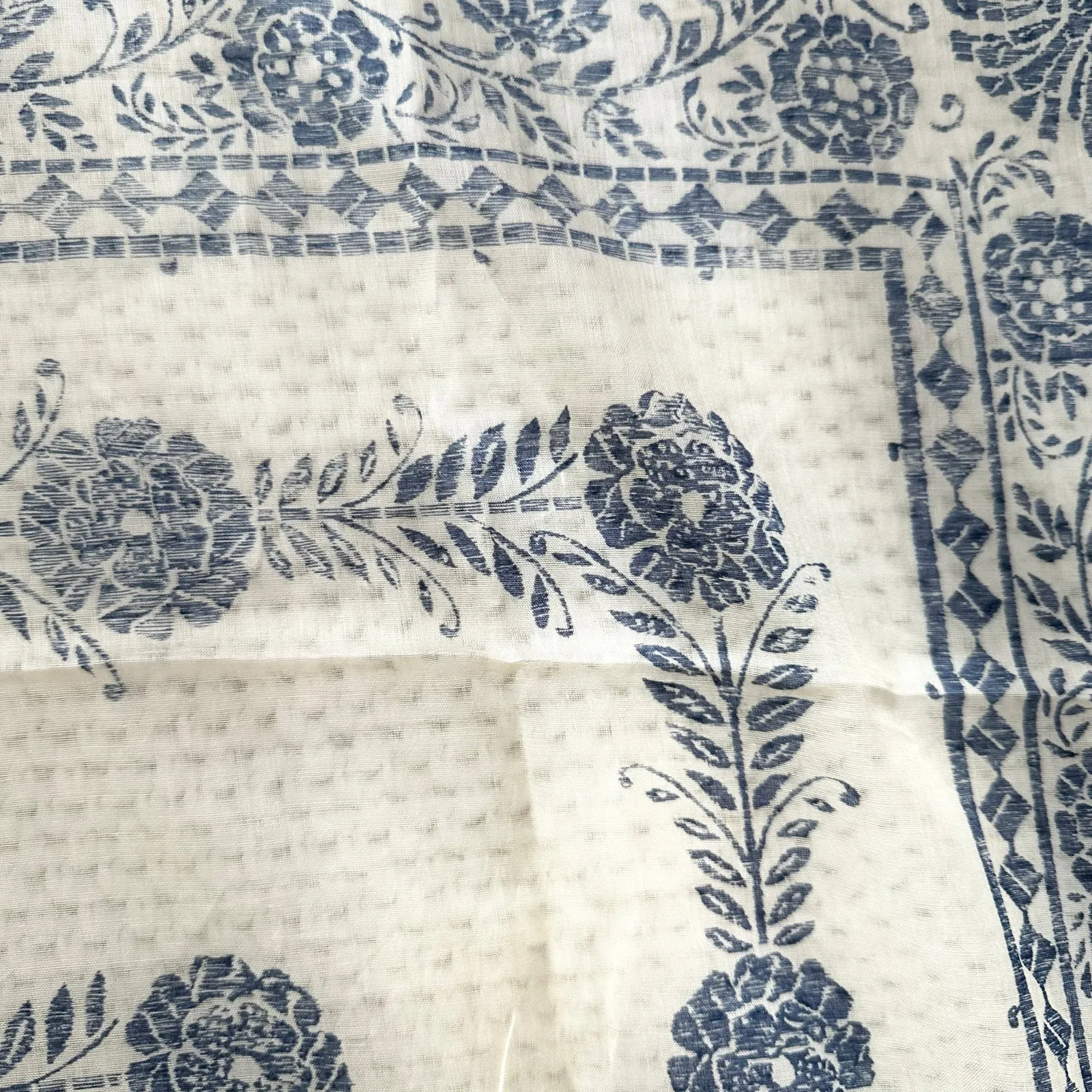 Cacharel Cotton Cream Blue Floral Whimsical Countryside Print Square Scarf - Image 10