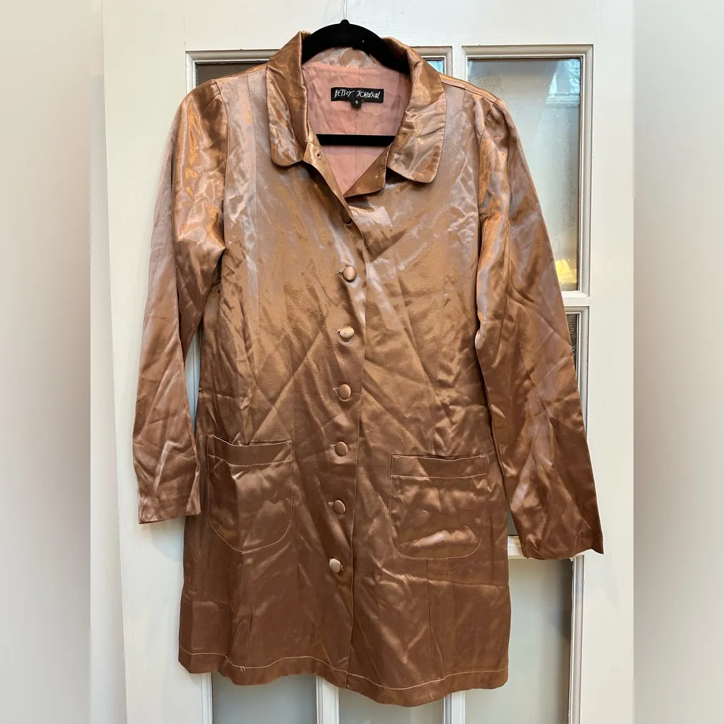 Vintage Betsey Johnson Rose Gold Copper Shiny Silky Button Down Dress Size 6 S - Image 8