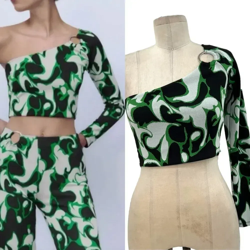 Zara Jacquard Asymmetric‎ One Shoulder Crop Top Ring Detail Black Green Small - Image 2
