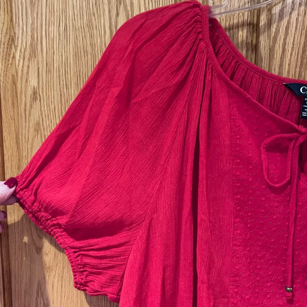 Chaps by Ralph Lauren Eyelet Tassle Tie Puff-Sleeve Peasant Top in‎ Yacht Red XL - Image 10